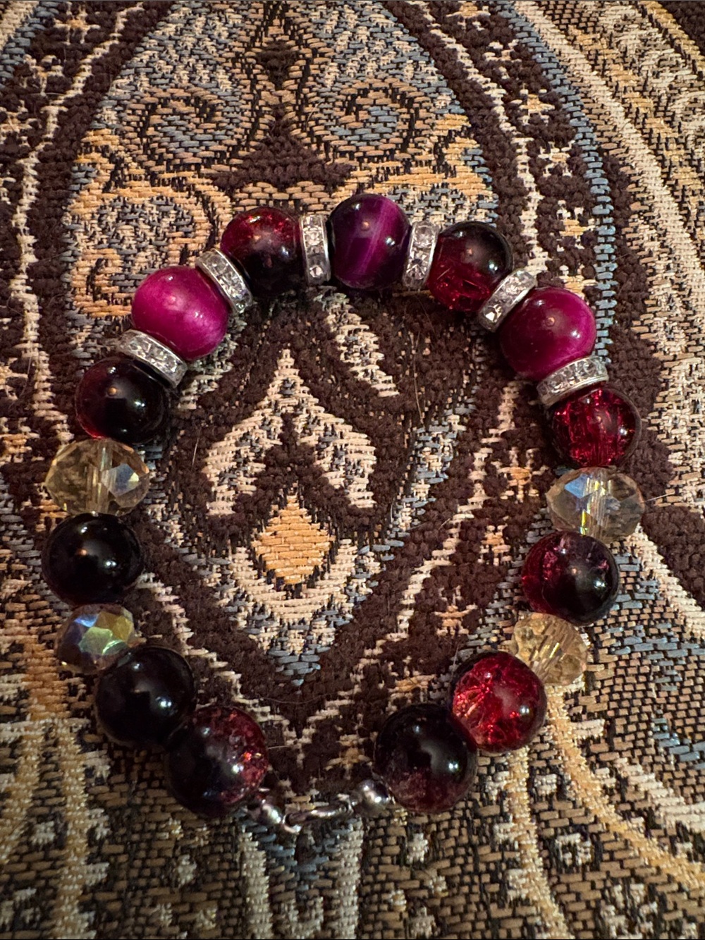 Red Tigers Eye & Red and Black crackle glass bead Bracelet with Crystal Accents